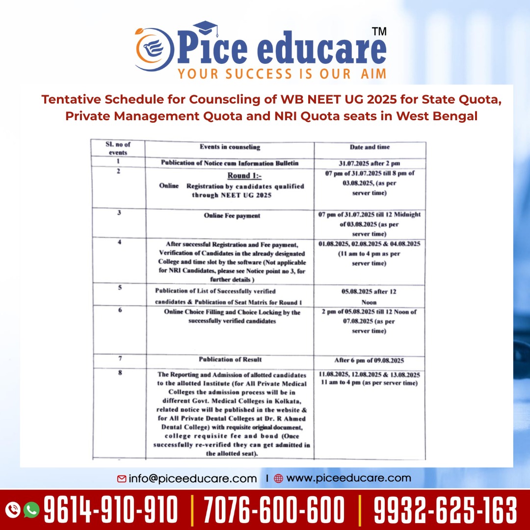 West Bengal NEET UG 2025 Counseling Schedule Released for State, Private & NRI Quota Seats